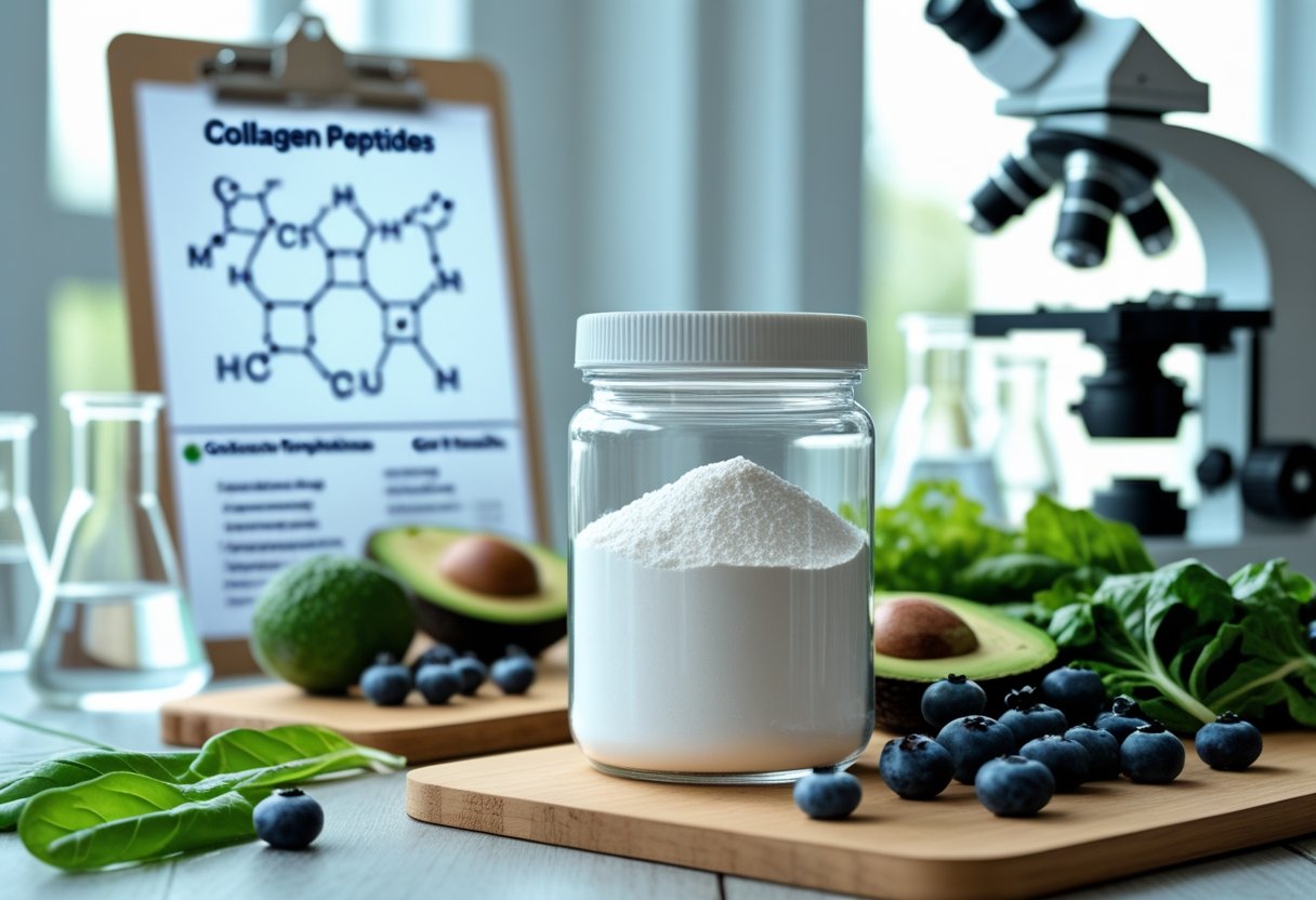 A glass jar of white collagen peptide powder on a wooden table surrounded by fresh fruits and vegetables with laboratory equipment in the background.