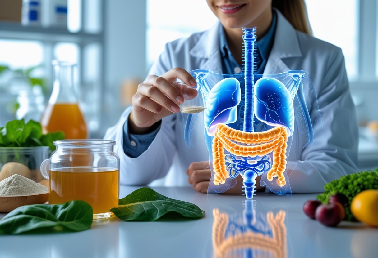 A scientist in a lab coat examining collagen peptides powder next to a glowing 3D model of the human digestive system with fresh natural ingredients nearby.