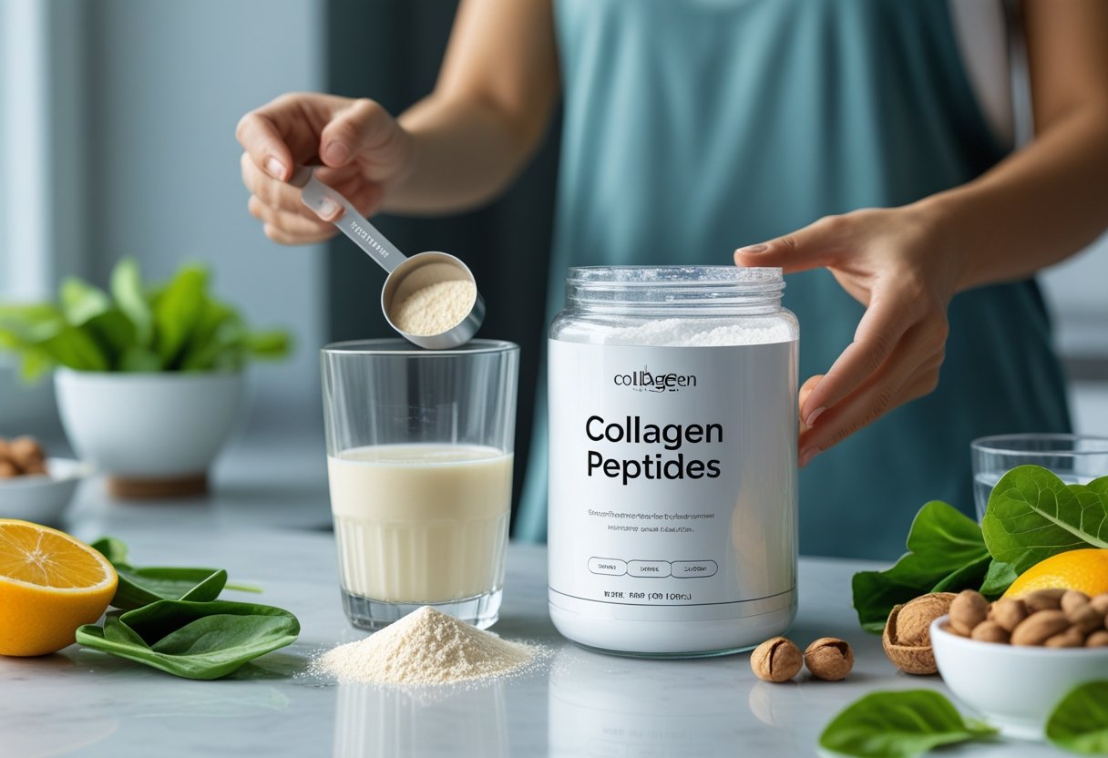 A person preparing a glass of water with collagen peptide powder in a bright kitchen surrounded by fresh fruits and greens.
