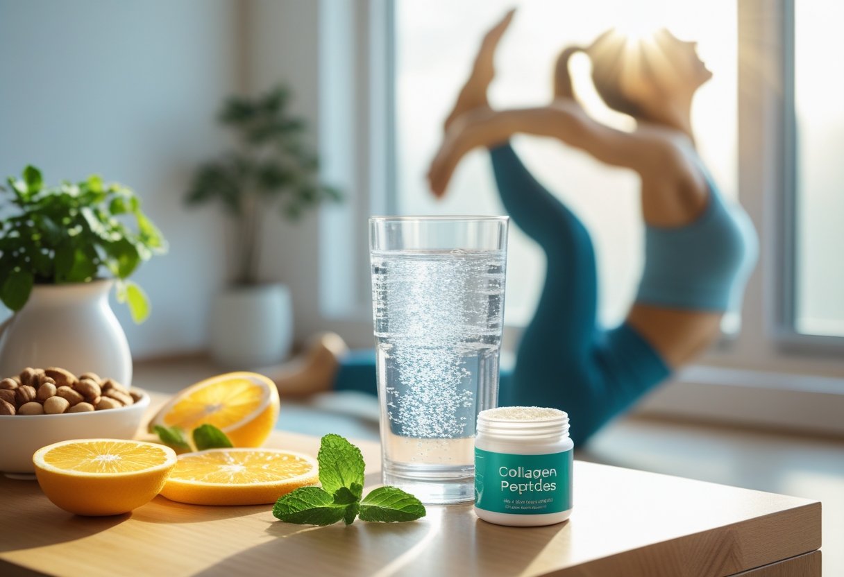 A glass of water with collagen peptides powder, a jar of collagen peptides, fresh fruits and nuts on a wooden surface, with a person stretching near a sunlit window in the background.