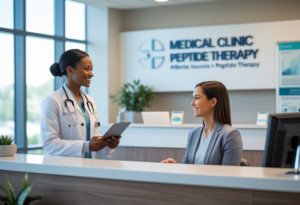 A healthcare professional talking to a patient at a medical clinic reception desk in a bright, clean clinic.
