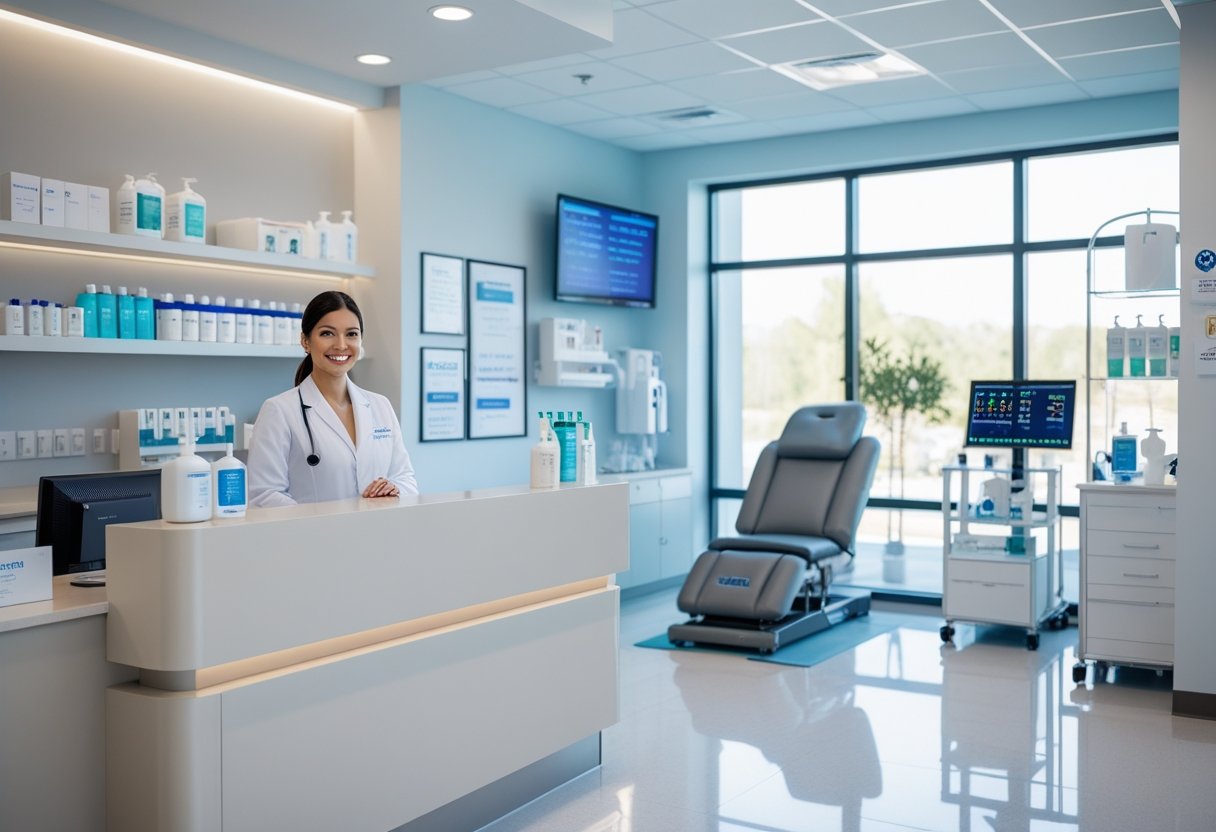 A clean and modern peptide therapy clinic reception and treatment area with a healthcare professional, medical equipment, and organized supplies.