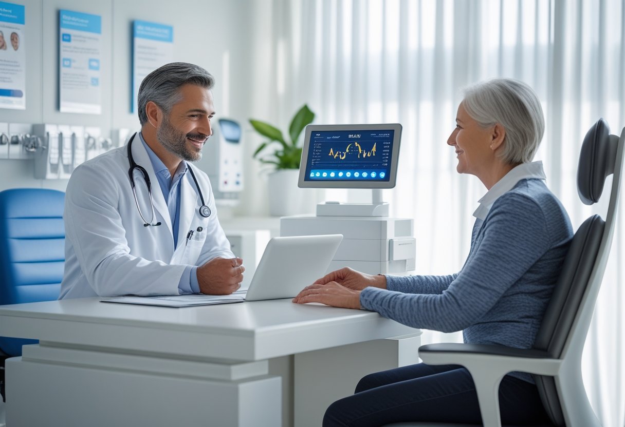 A healthcare professional talks with a patient in a modern medical clinic, with medical equipment and comfortable seating visible in the background.