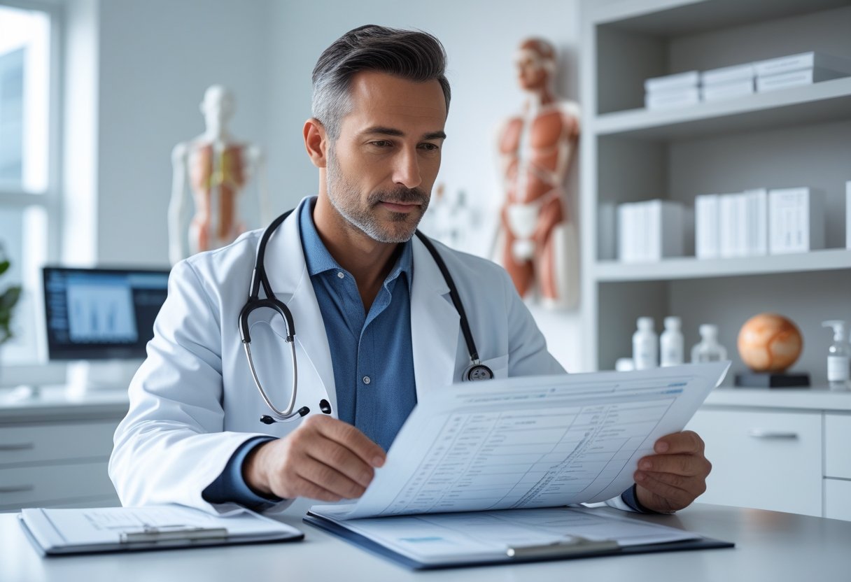 A medical practitioner in a white coat reviewing patient charts in a modern clinical office.