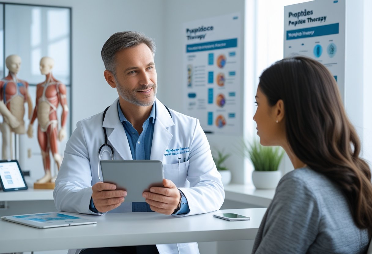 A healthcare practitioner in a white lab coat consulting with a patient in a modern medical office.