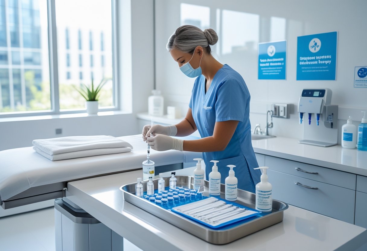 A clean and organized medical treatment room with a healthcare professional preparing a peptide injection on a white examination table.