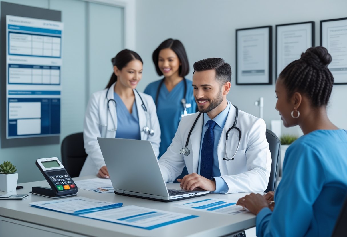 Healthcare professional consulting with a patient about treatment and payment options in a modern medical office.