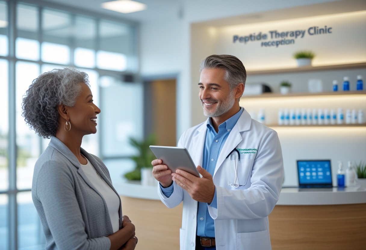 Healthcare provider talking with a patient in a bright peptide therapy clinic reception area.