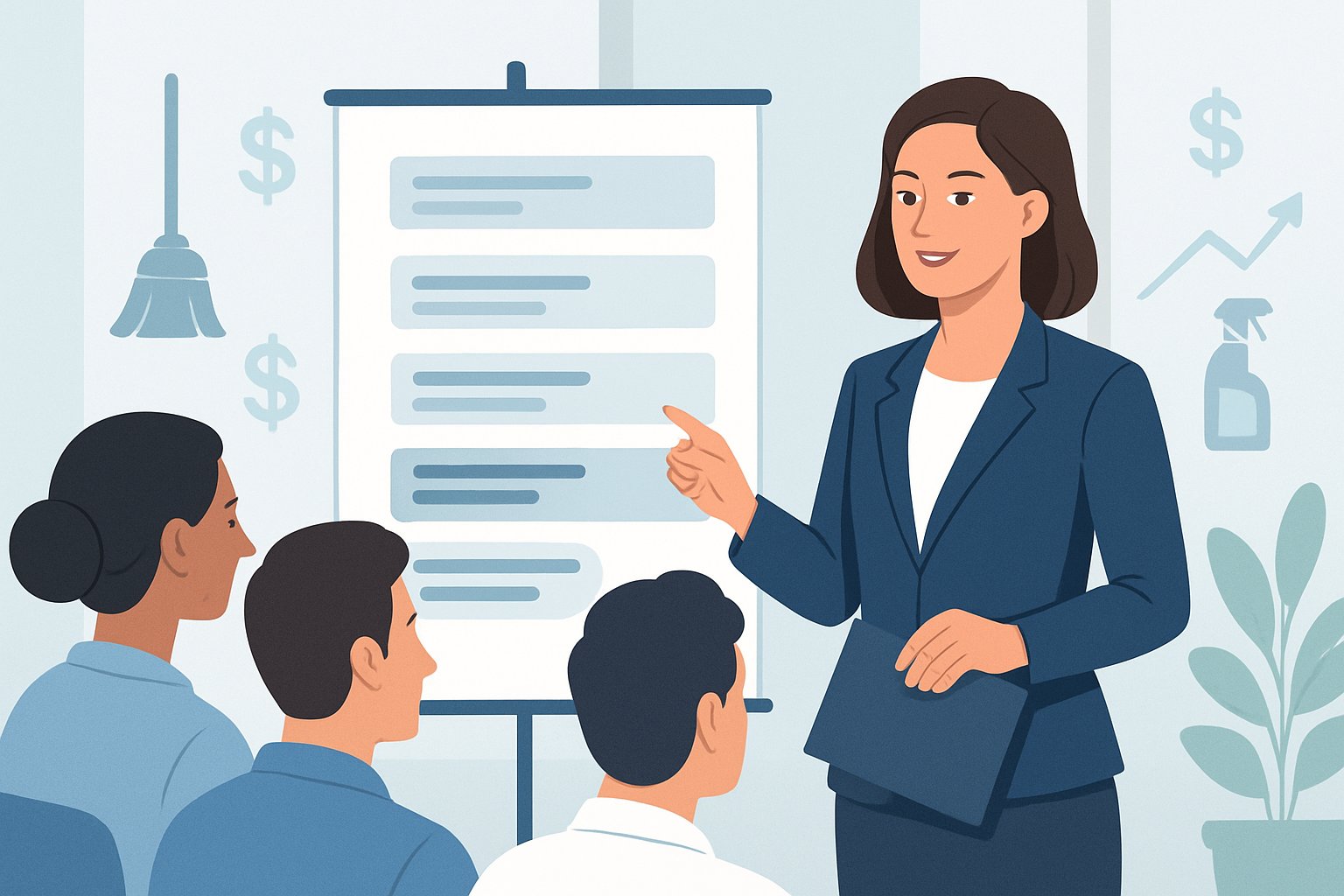 A businesswoman presenting a pricing chart to clients, with cleaning tools and graphs symbolizing pricing strategies.