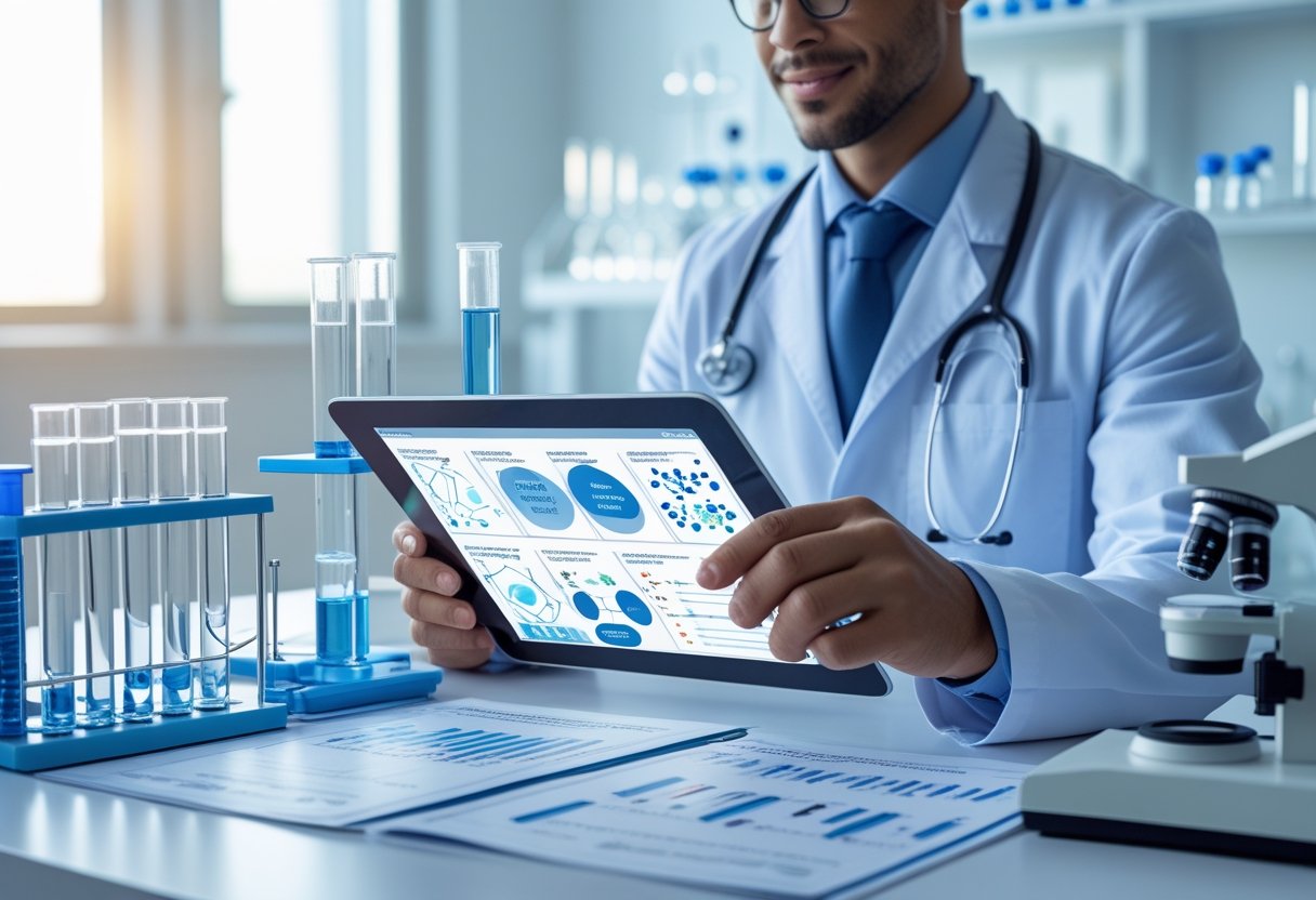 A healthcare professional reviewing molecular diagrams and charts in a modern clinical setting with lab equipment nearby.