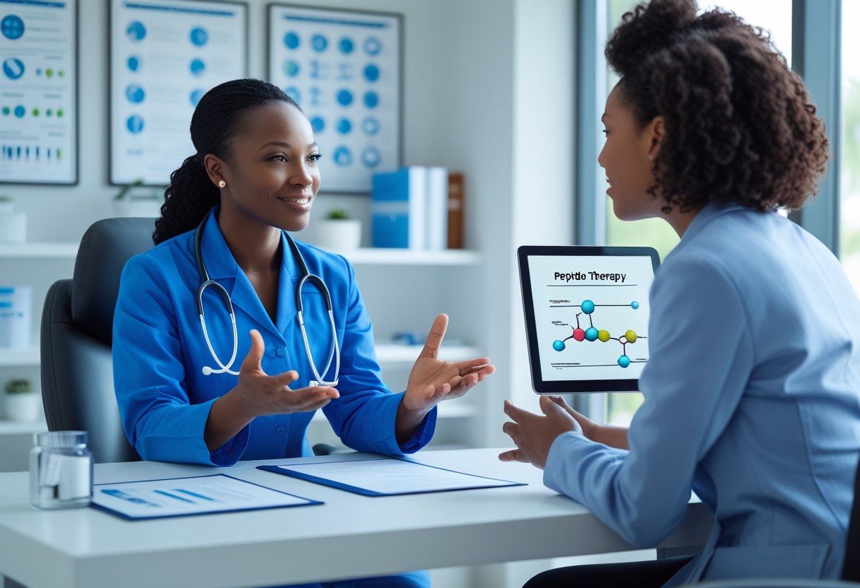 A healthcare professional and a patient having a discussion in a bright medical office, with medical documents and a tablet on the desk.