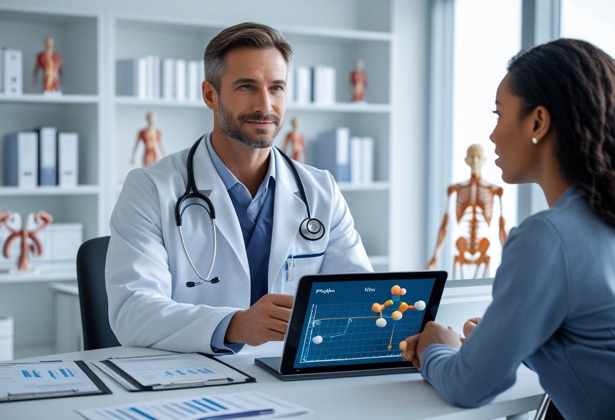 A healthcare professional consulting with a patient in a bright medical office, discussing peptide therapy with medical documents and a molecular model on the desk.