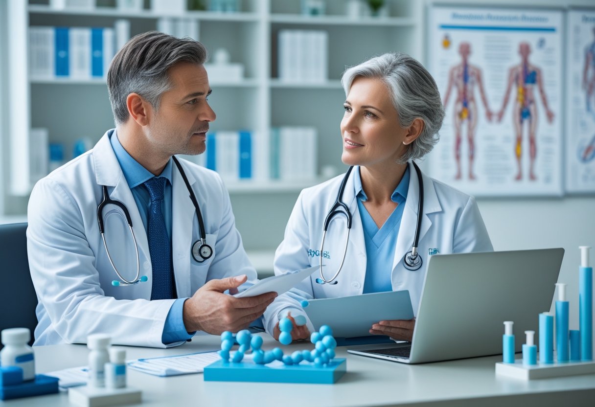 A healthcare professional explains peptide therapy side effects to a patient in a medical office.