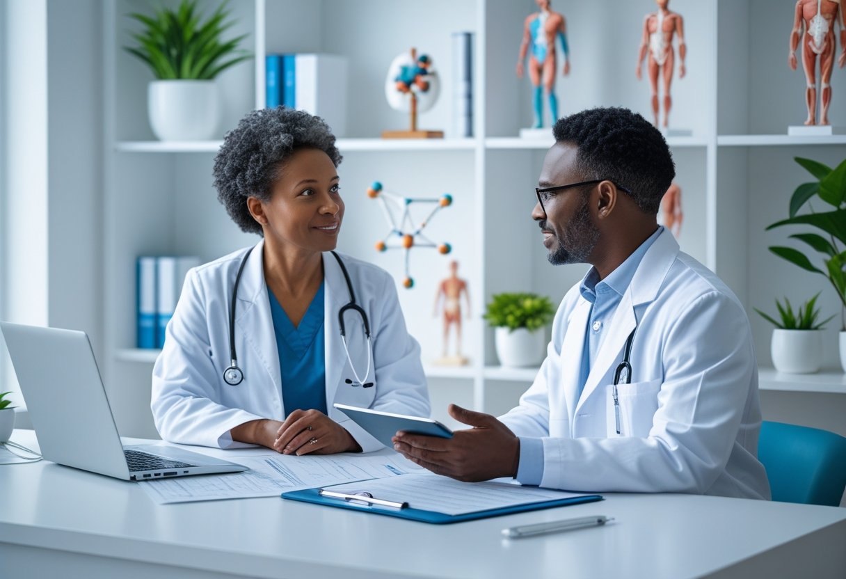 A doctor consulting with a patient in a medical office, discussing treatment options with medical charts and a peptide model on the desk.
