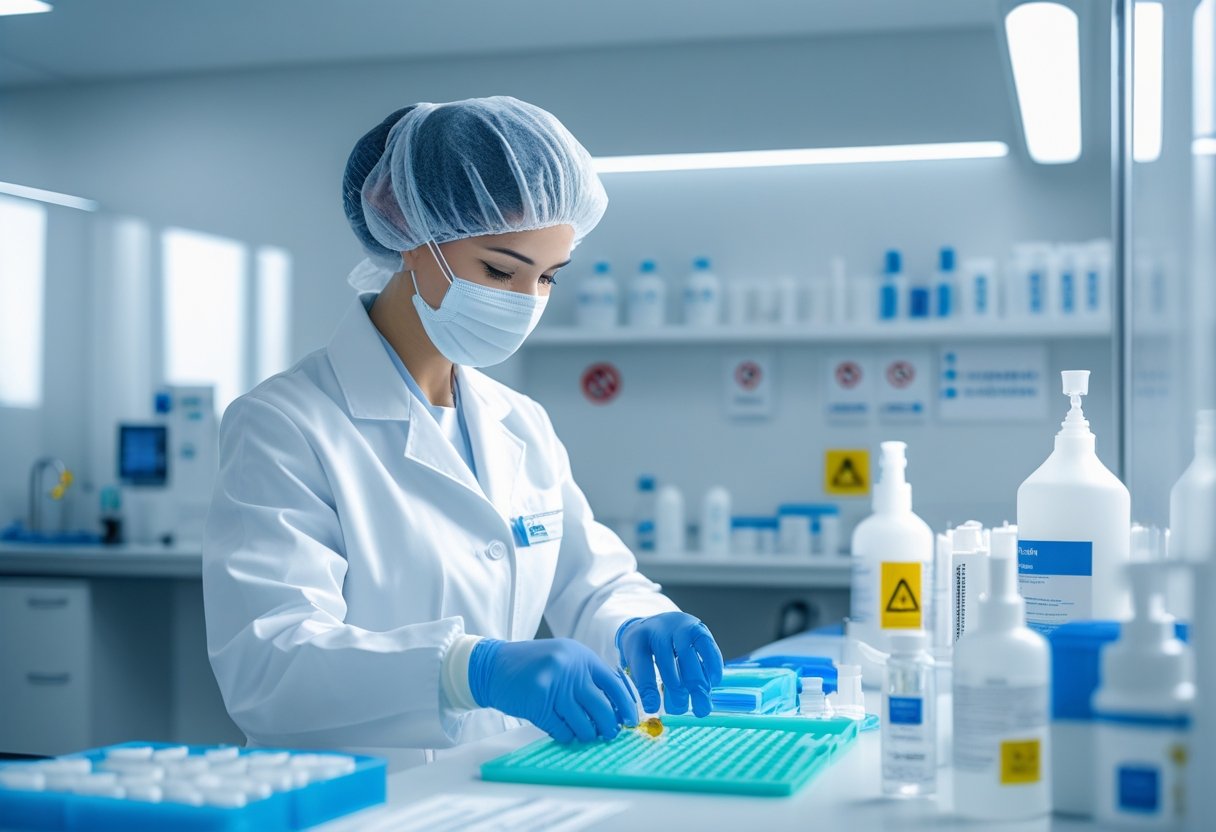 A healthcare professional wearing a lab coat, gloves, and a face mask preparing an injection in a clean and organized medical clinic.