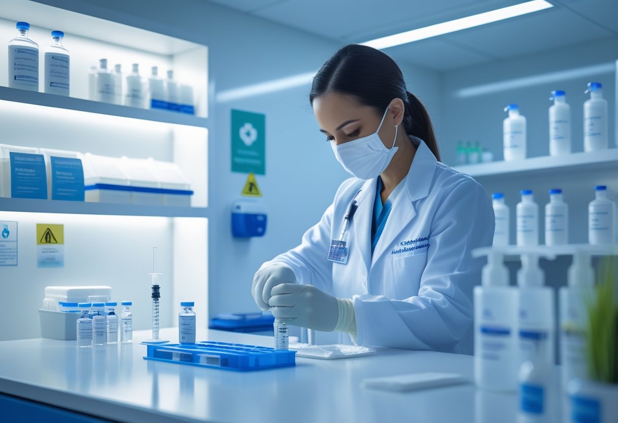 A healthcare professional in a white coat preparing peptide therapy injections in a clean, organized medical treatment room.