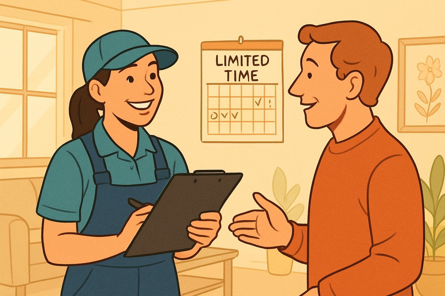 A cleaner smiling and talking with a homeowner in a bright home, with a calendar and seasonal decorations in the background.