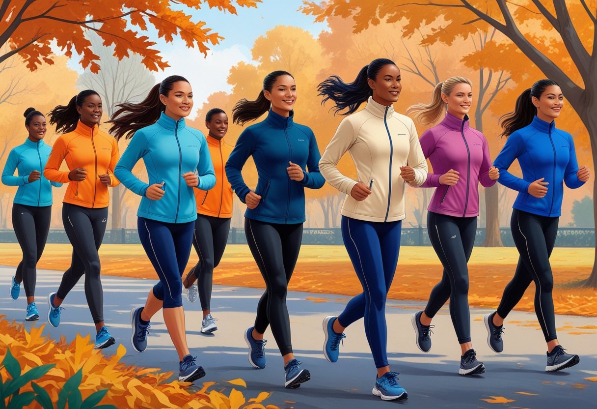 A group of women wearing different athletic fleece jackets while jogging and stretching outdoors in a park during autumn.