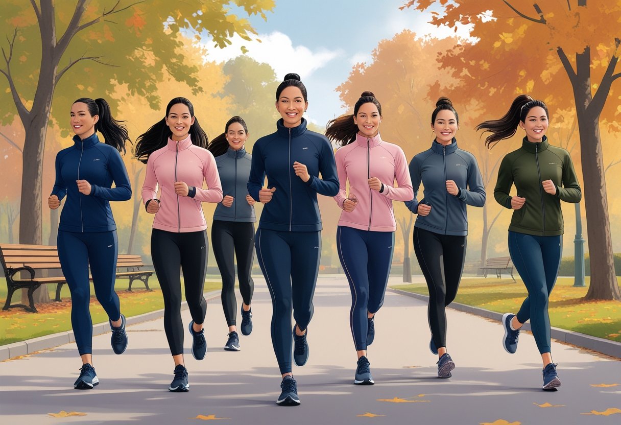 A group of women wearing different athletic fleece jackets and hoodies outdoors in a park during autumn, engaging in jogging and stretching activities.