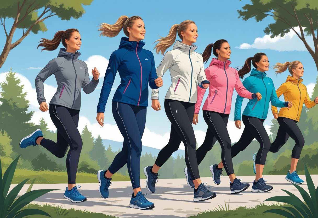 A group of women wearing athletic fleece jackets while jogging, stretching, and hiking outdoors.