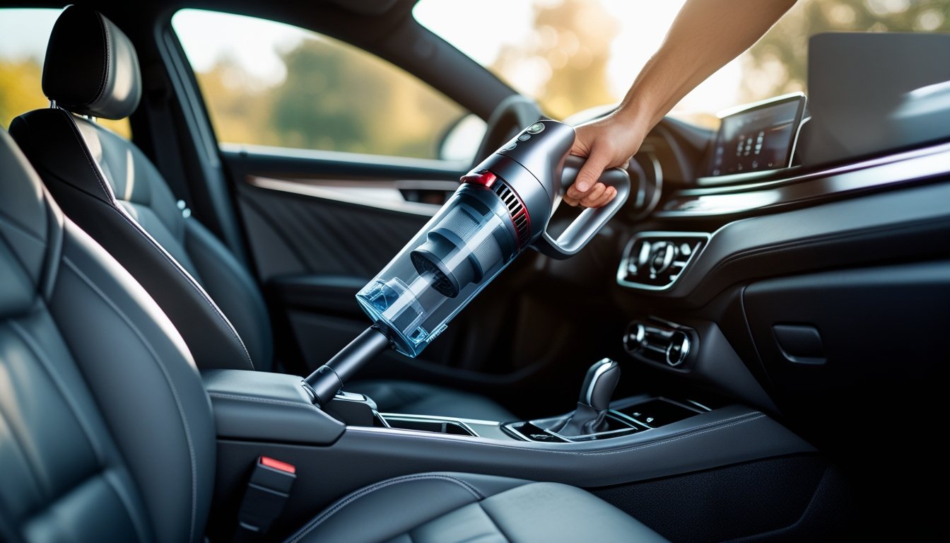 Person using a cordless handheld vacuum cleaner to clean the interior upholstery of a car.