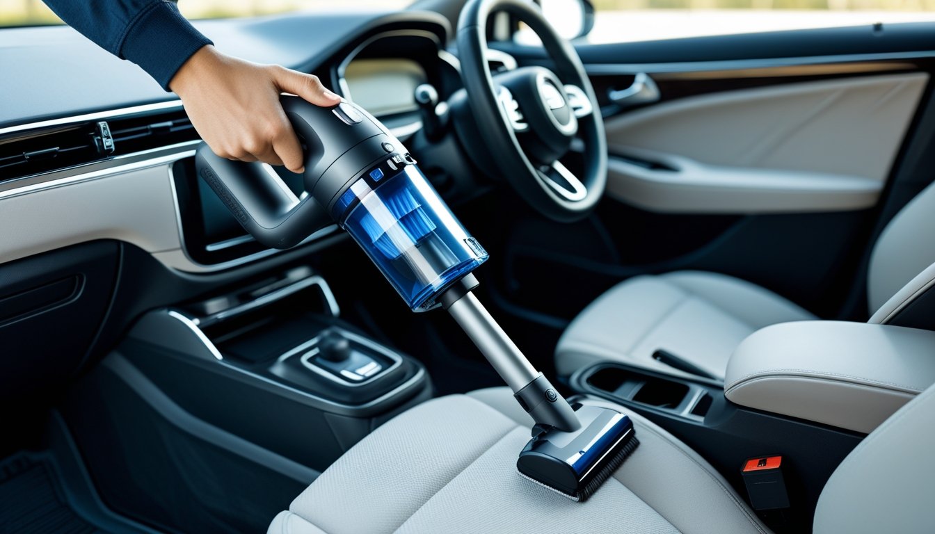 A person using a cordless vacuum cleaner to clean the interior of a car, focusing on the upholstery and floor mats.