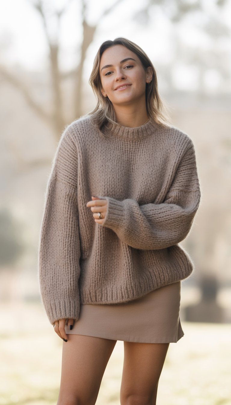 A young woman standing outdoors wearing a knit sweater and mini skirt, smiling gently.