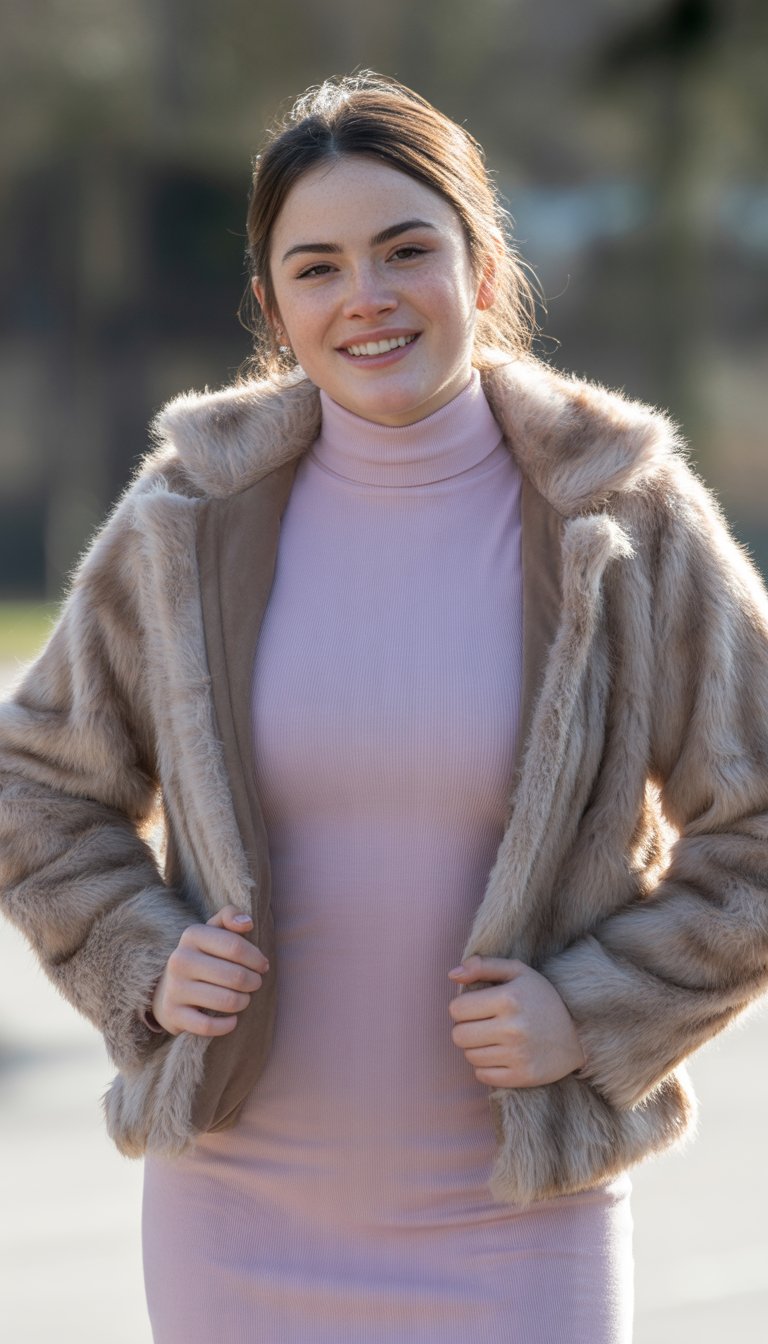 A young woman standing outdoors wearing a faux fur jacket over a turtleneck dress, smiling gently.