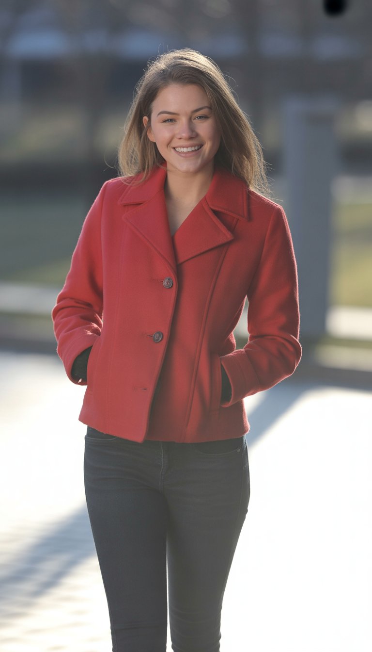 A young woman standing outside wearing a red coat and skinny jeans, smiling naturally.