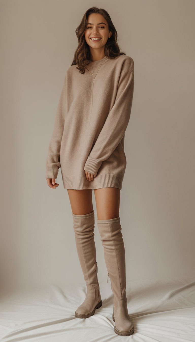 A young woman standing wearing a sweater dress and thigh-high boots, smiling gently.
