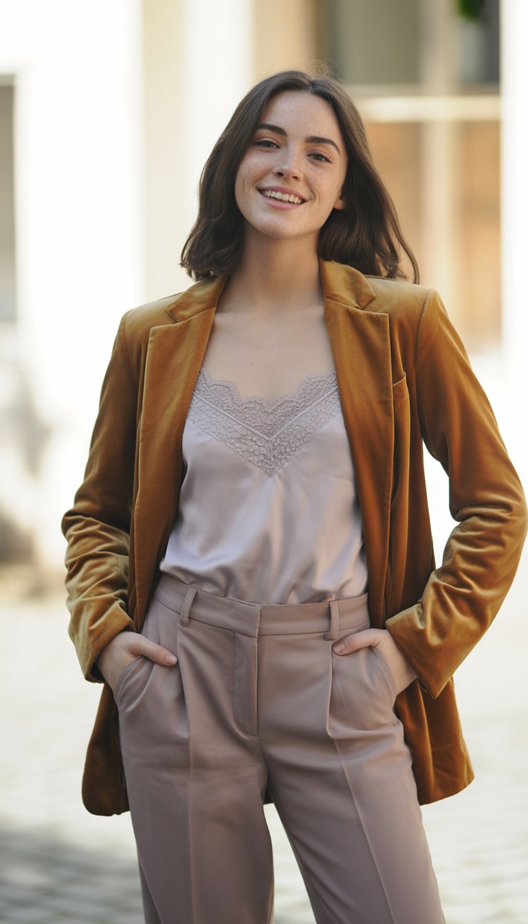 A young woman standing outdoors wearing a blazer, camisole, and trousers, looking relaxed and confident.