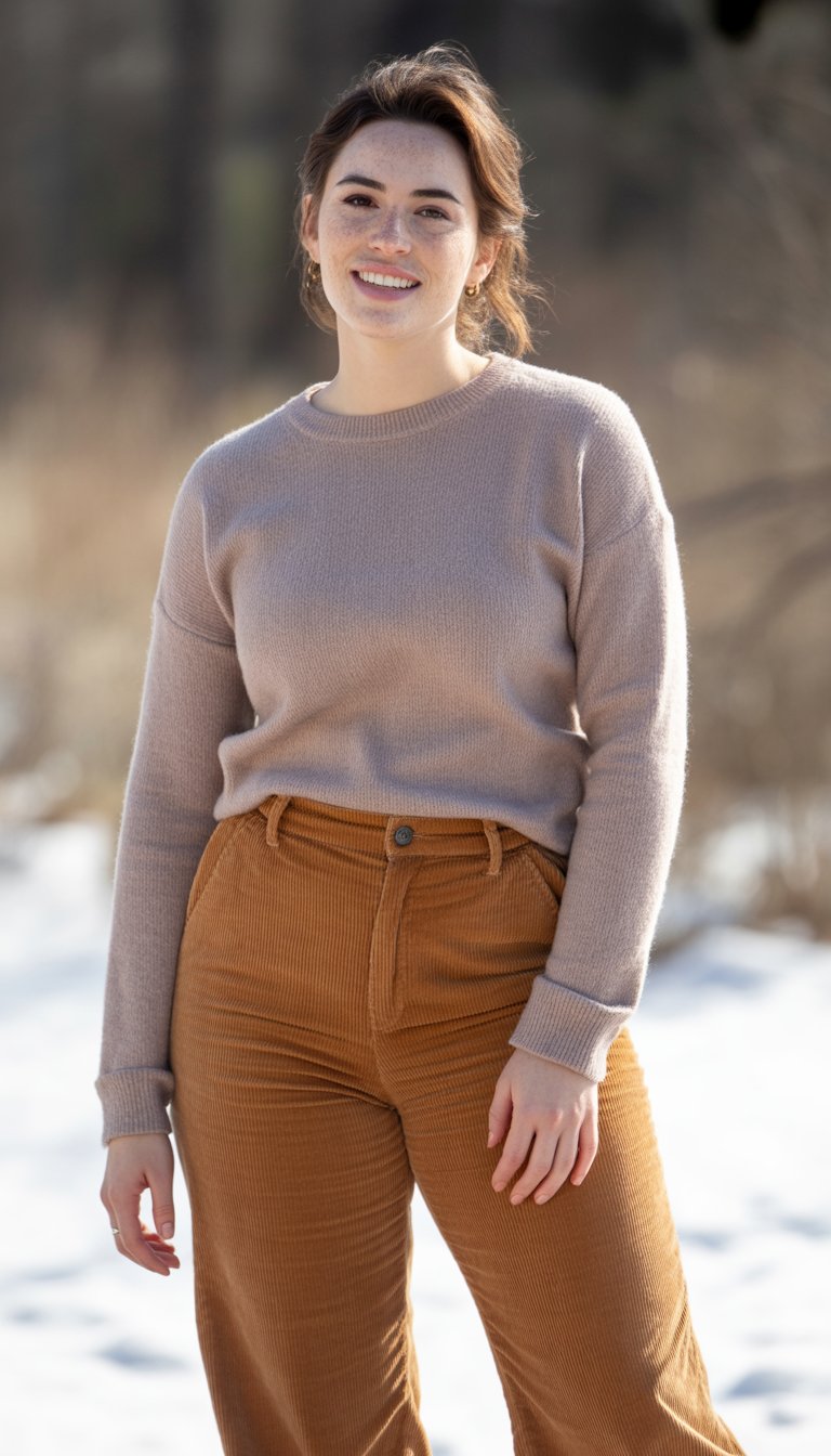 A young woman standing outdoors wearing high-waist corduroy pants and a fitted sweater, looking relaxed and natural.