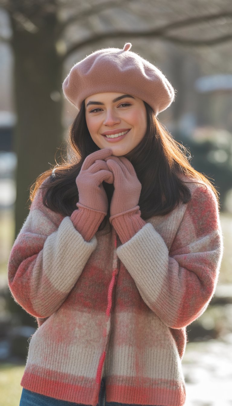 A young woman standing outside in winter clothing, wearing a wool beret and gloves, smiling gently.