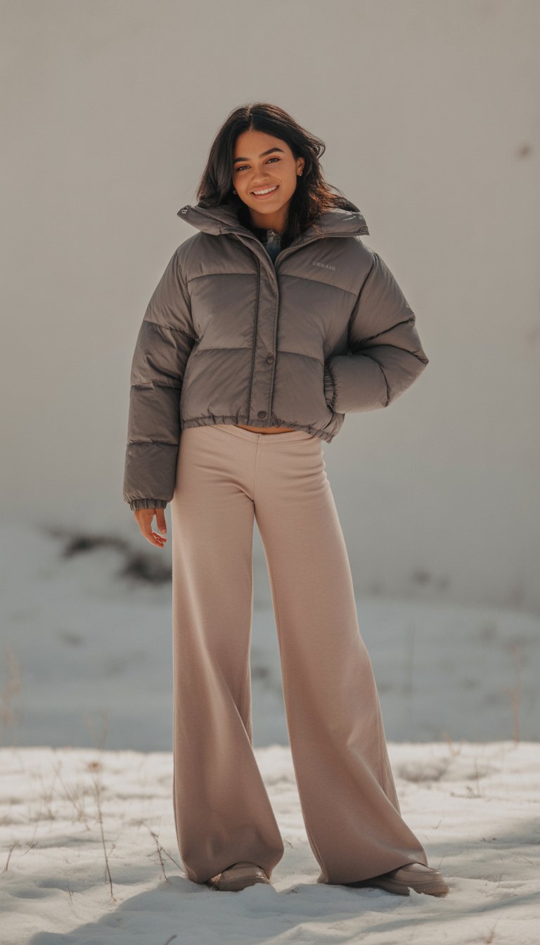 A young woman standing outdoors wearing a cropped jacket and wide-leg pants.