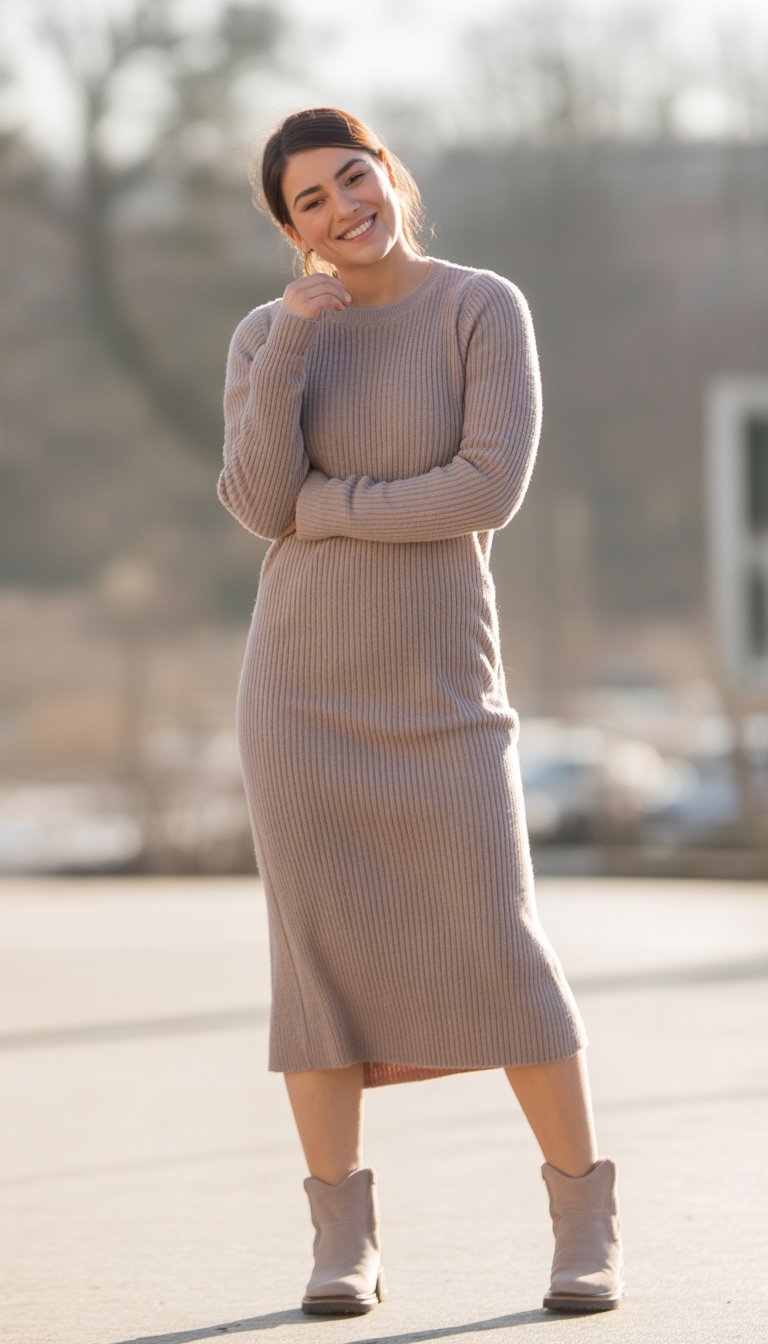 A young woman standing outdoors wearing a ribbed midi dress and ankle boots, looking relaxed and smiling gently.