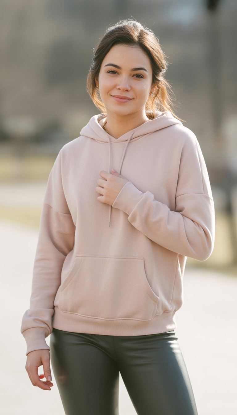 A young woman standing outdoors wearing a pink hoodie and black leggings, smiling gently.
