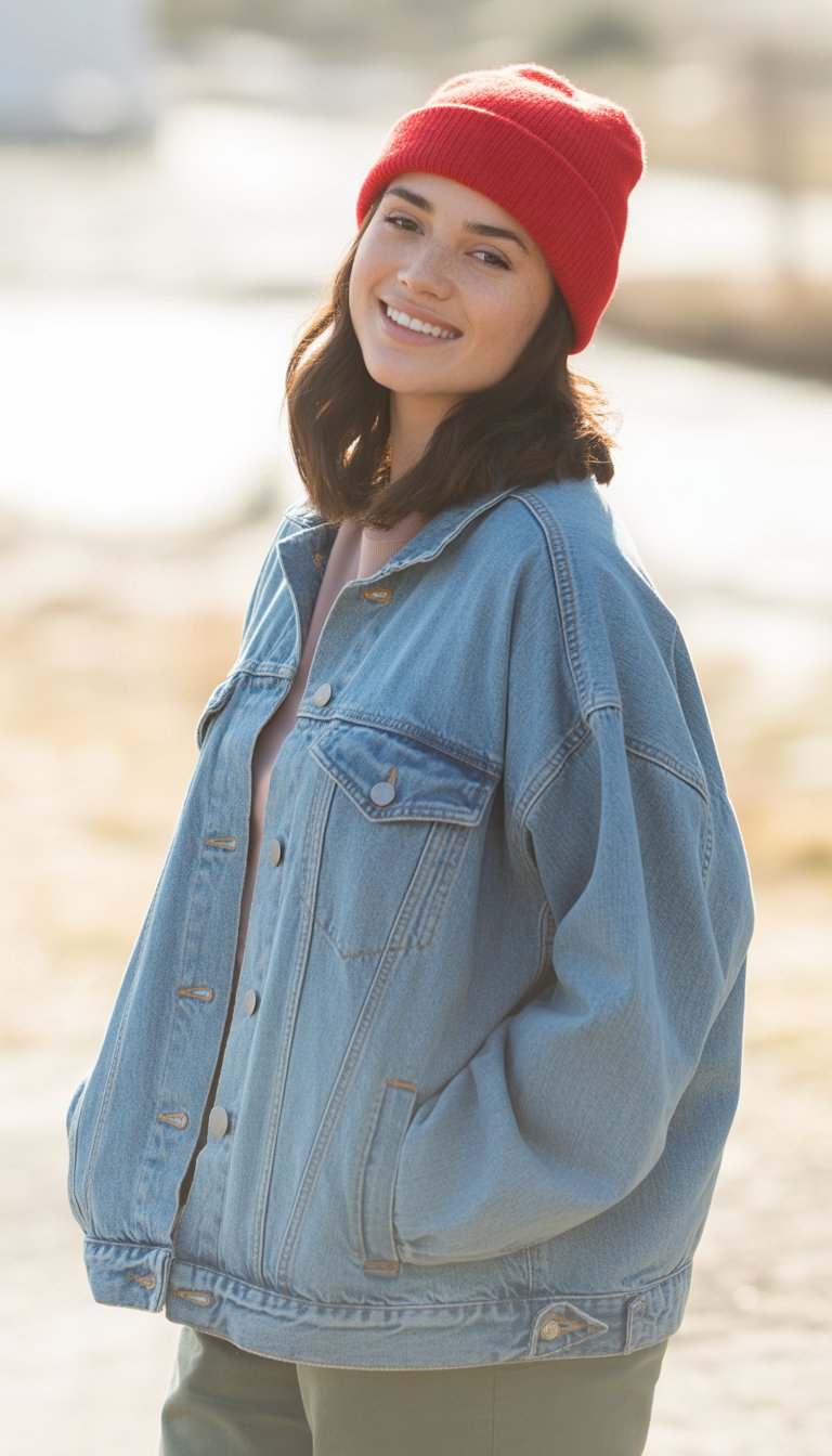 A young woman wearing a red beanie and denim jacket stands outdoors, looking relaxed and smiling gently.