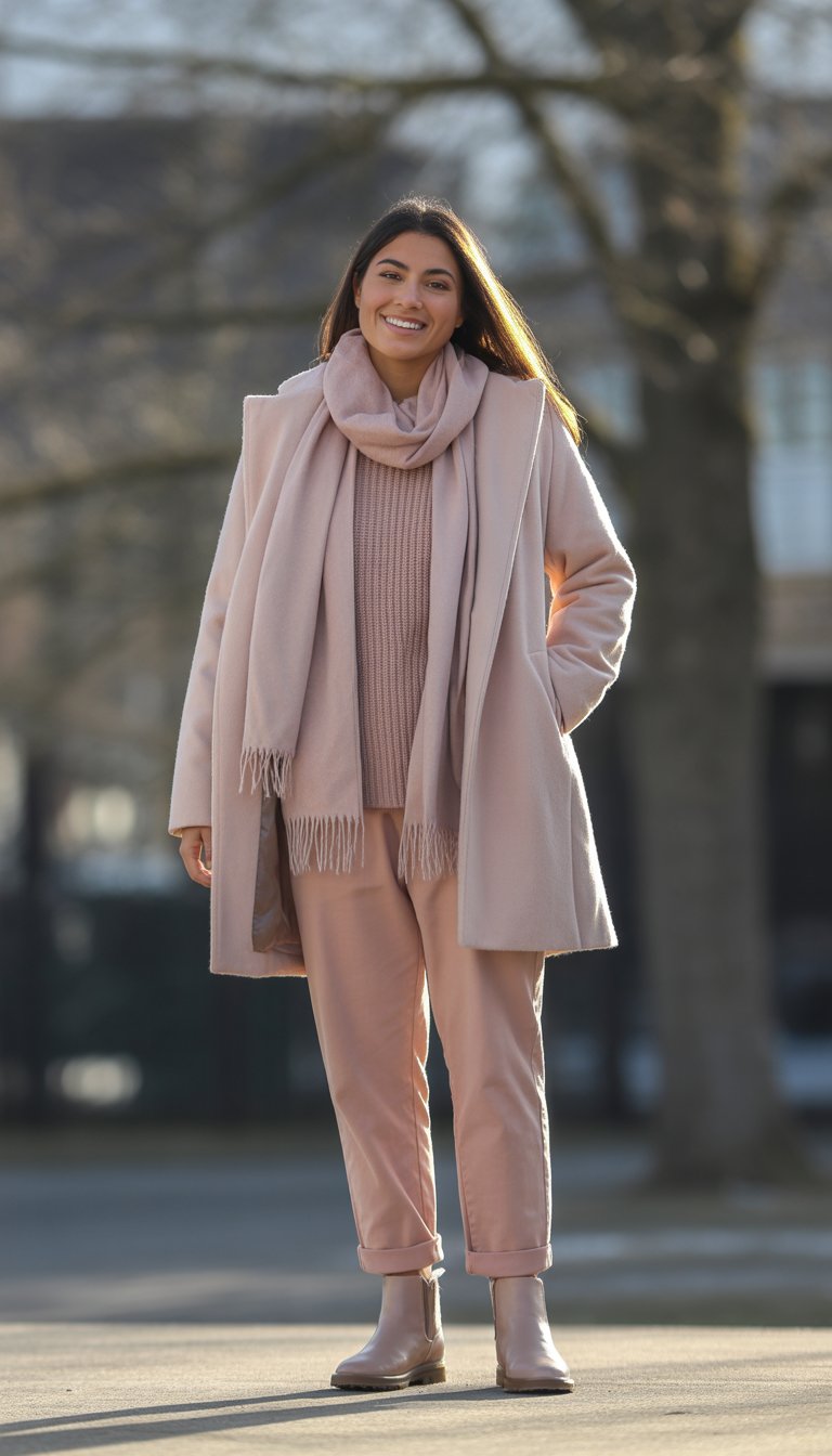 A young woman standing outdoors in winter clothing, wearing layered blush-toned outfit and smiling gently.