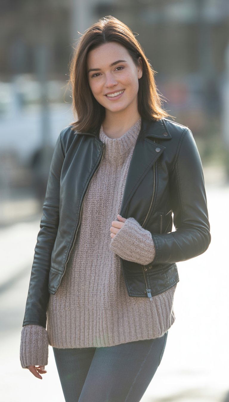 A young woman standing outdoors wearing a leather jacket over a knit sweater, looking relaxed and confident.