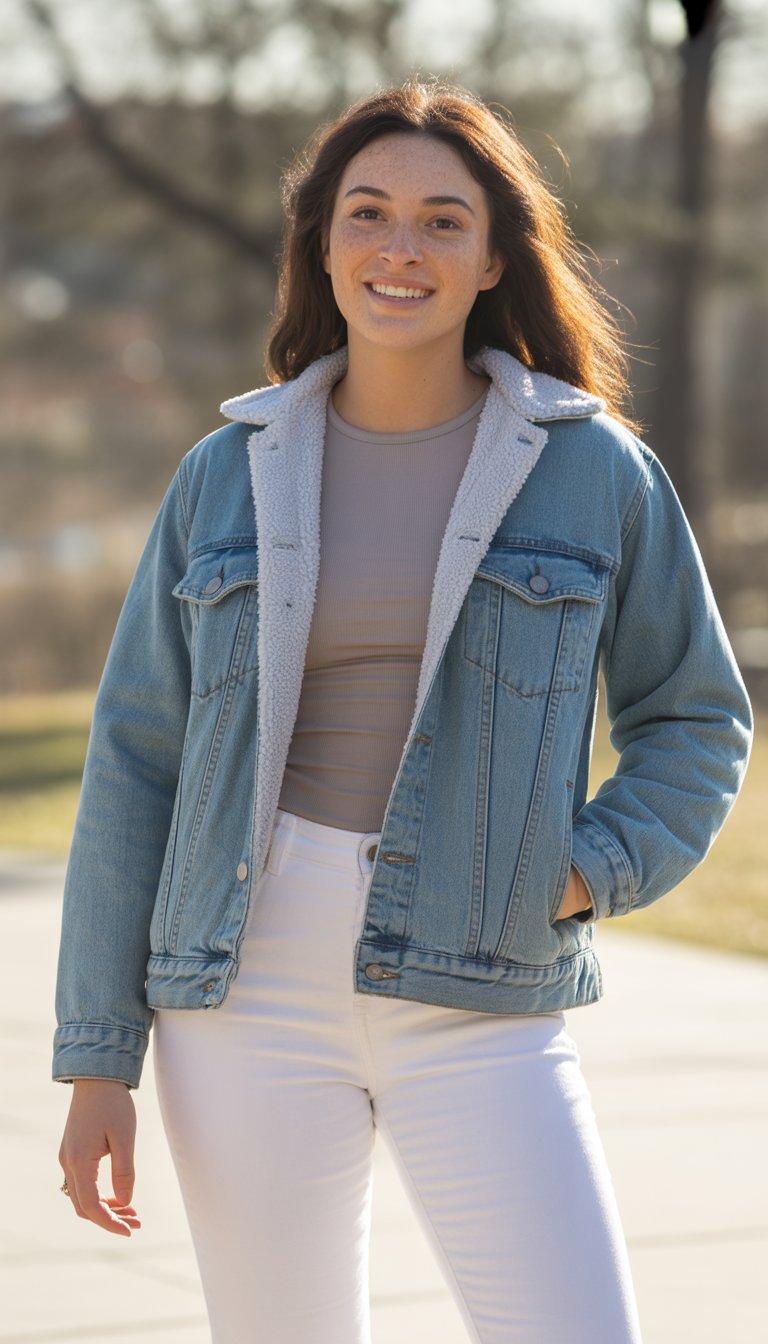 A young woman standing outdoors wearing a sherpa-lined denim jacket and white jeans, looking relaxed and confident.