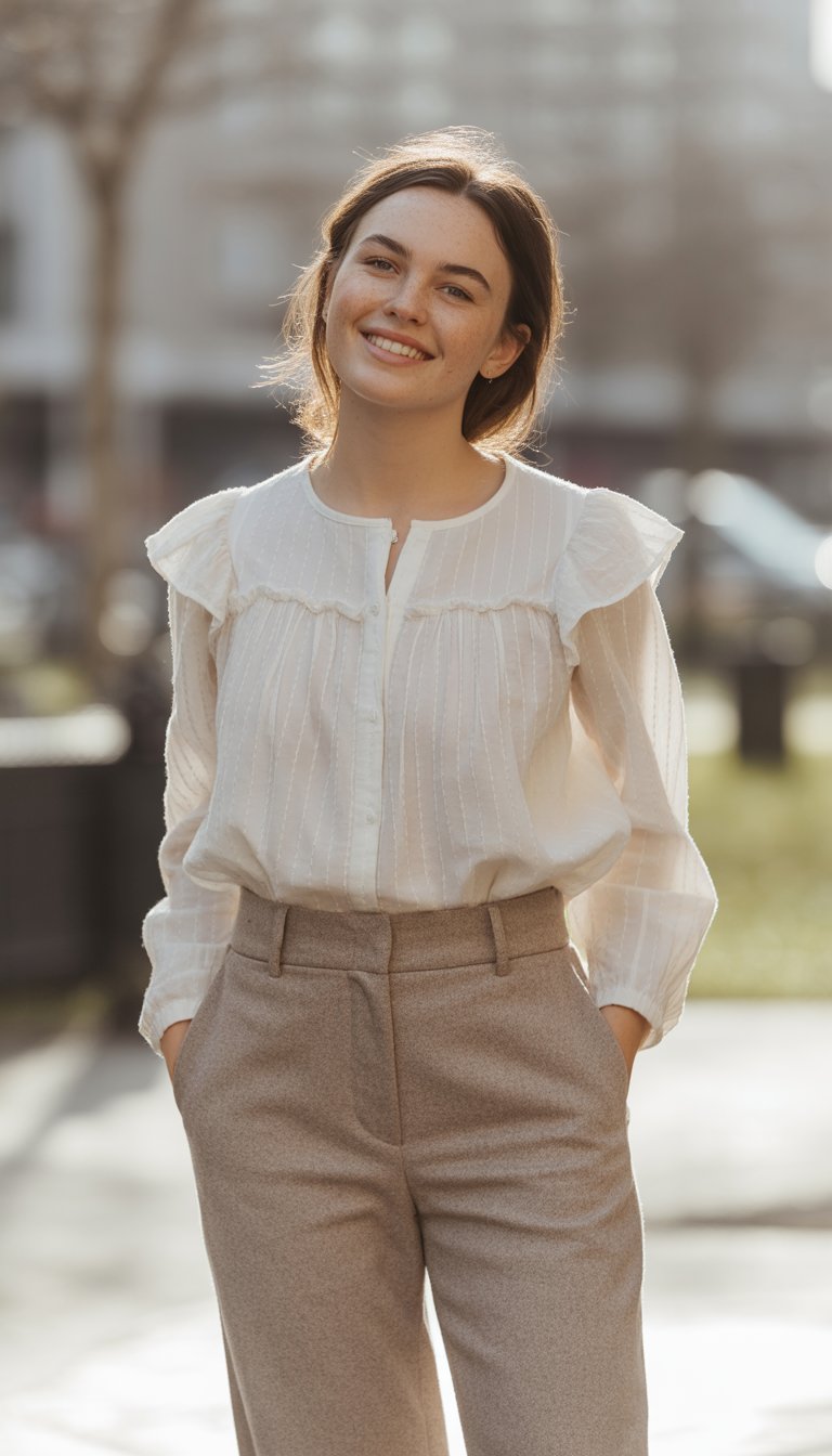A young woman standing outdoors wearing a ruffled blouse and wool trousers, smiling gently with natural light and a blurred background.
