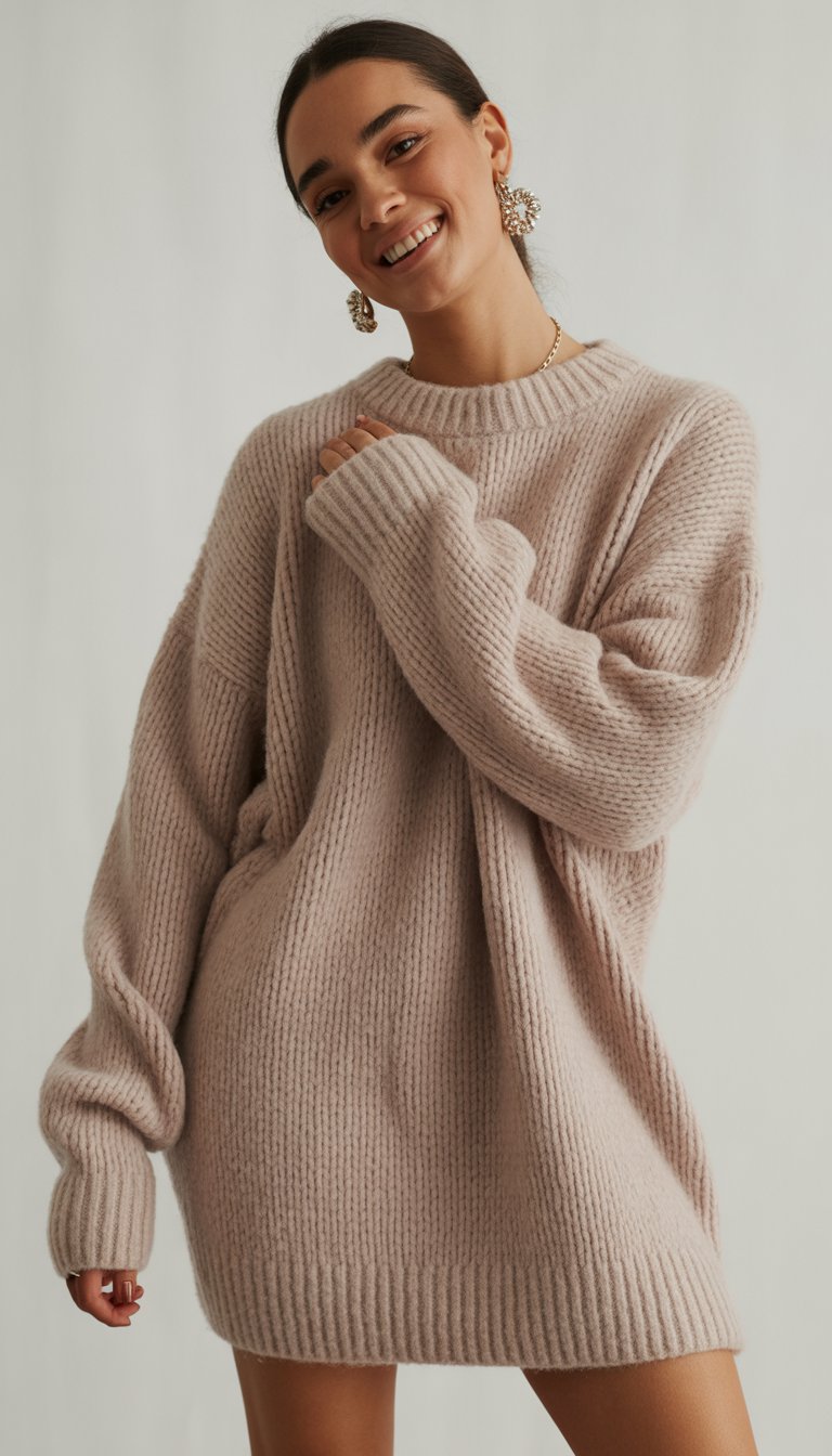 A young woman stands wearing a chunky sweater dress and statement earrings, looking relaxed and confident in a softly lit setting.