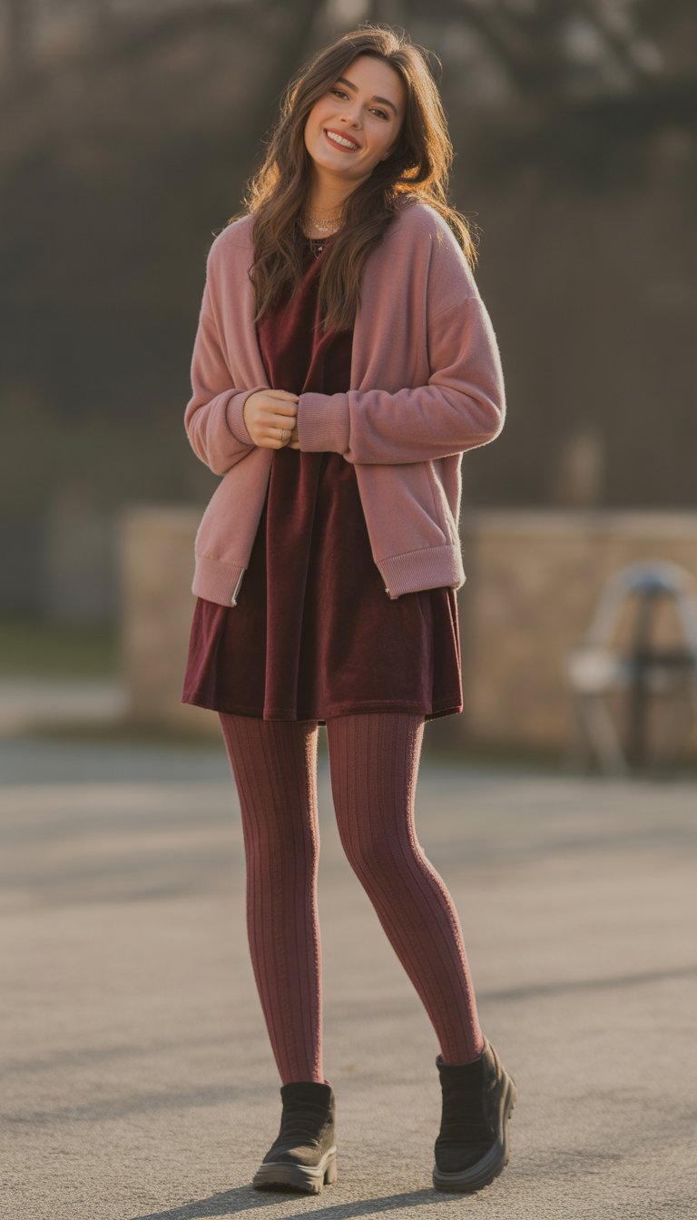 A young woman standing outdoors wearing a velvet mini dress and wool tights, looking relaxed and smiling gently.