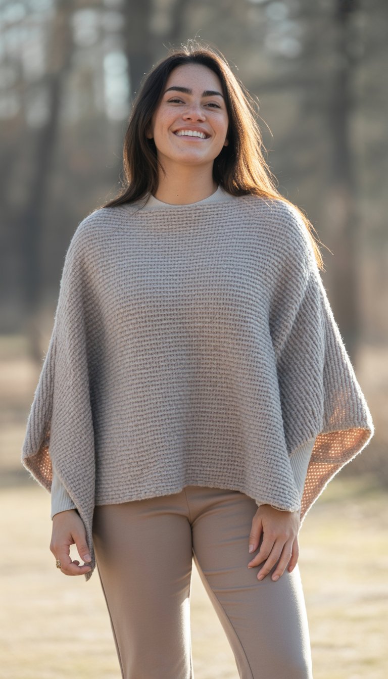 A young woman standing outdoors wearing a knit poncho and slim pants, looking relaxed and smiling gently.