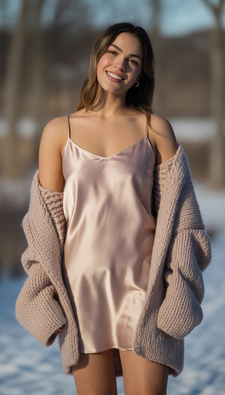 A young woman standing outdoors wearing a dress and sweater, looking relaxed and smiling gently.