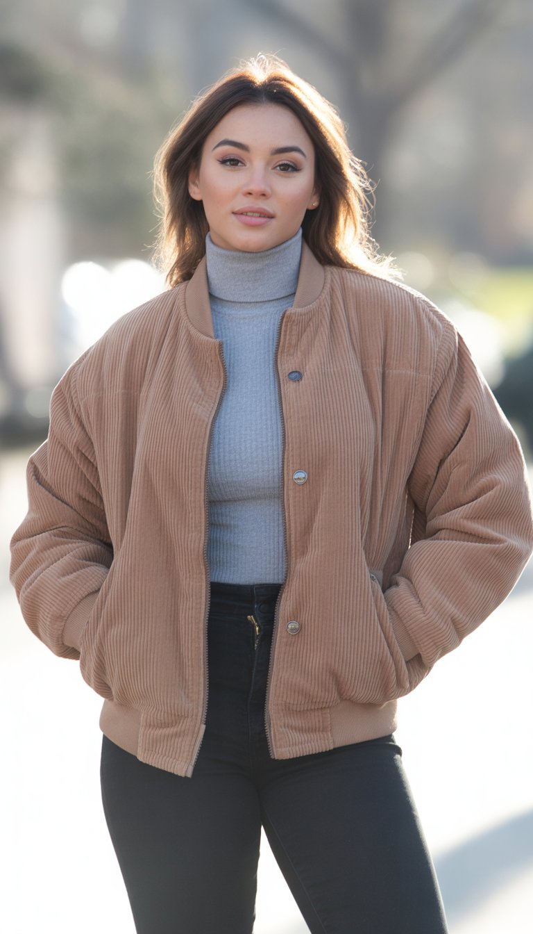 A young woman standing outdoors wearing a jacket and turtleneck, looking relaxed and confident.
