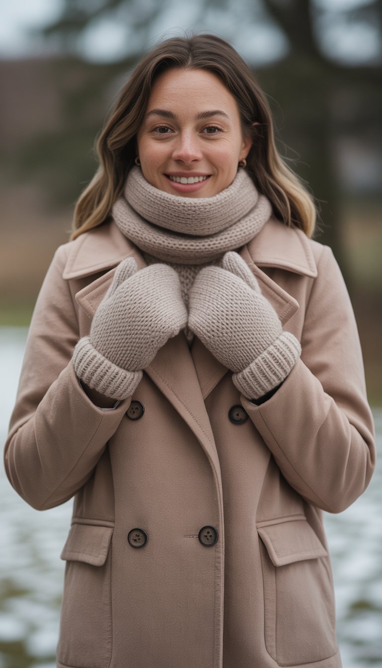 A young woman standing outdoors in winter clothes, wearing a pea coat, knitted mittens, and a scarf.