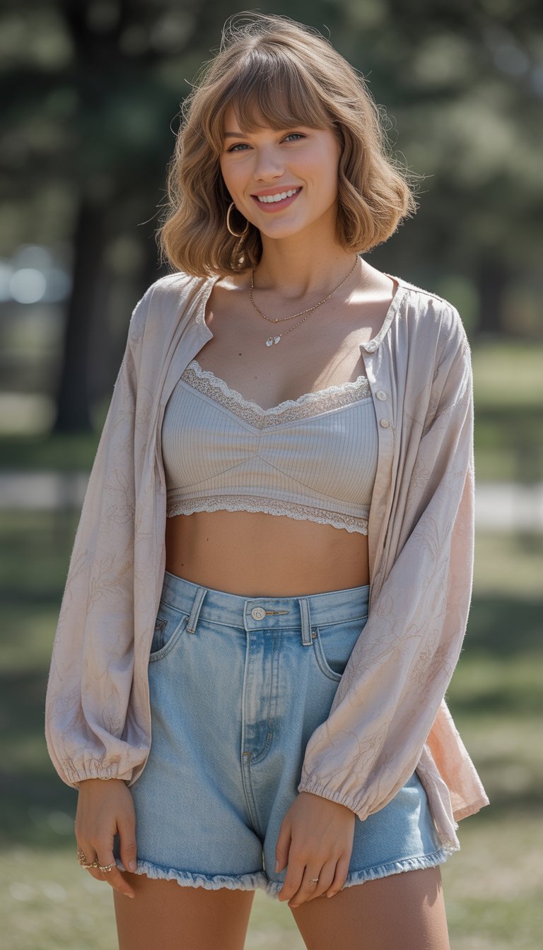 A young woman standing outdoors wearing a pastel-colored casual outfit, smiling gently at the camera.
