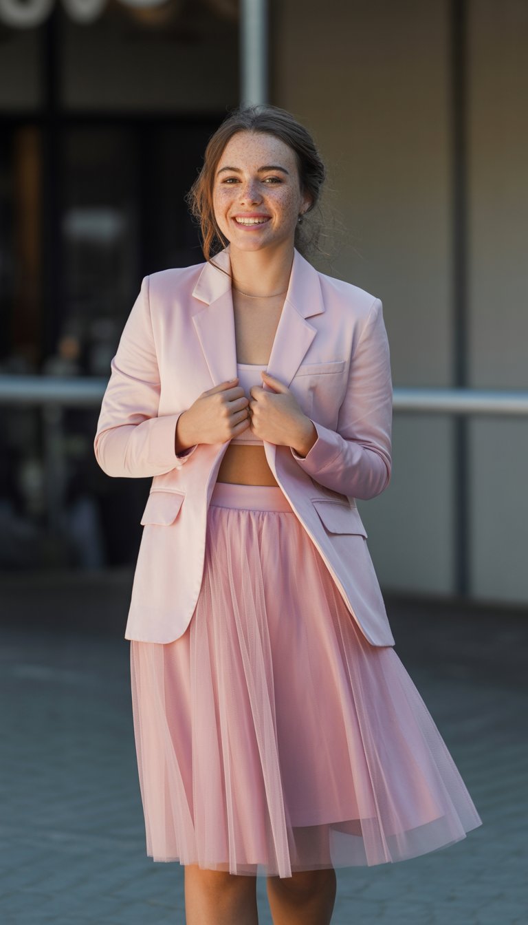 A young woman standing outdoors wearing a pink skirt and matching pastel blazer, smiling gently.