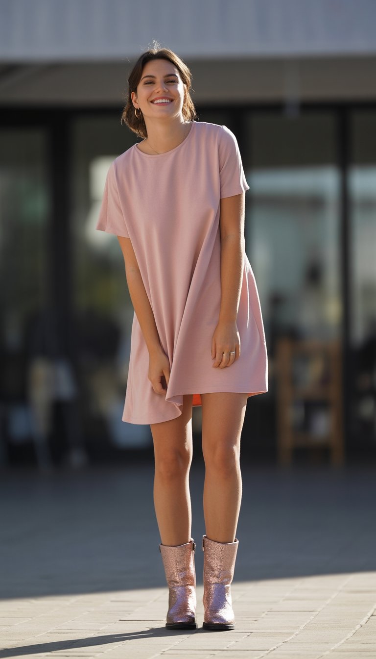A young woman standing outdoors wearing a soft pink dress and rose gold glitter boots, smiling naturally in a full-body shot.